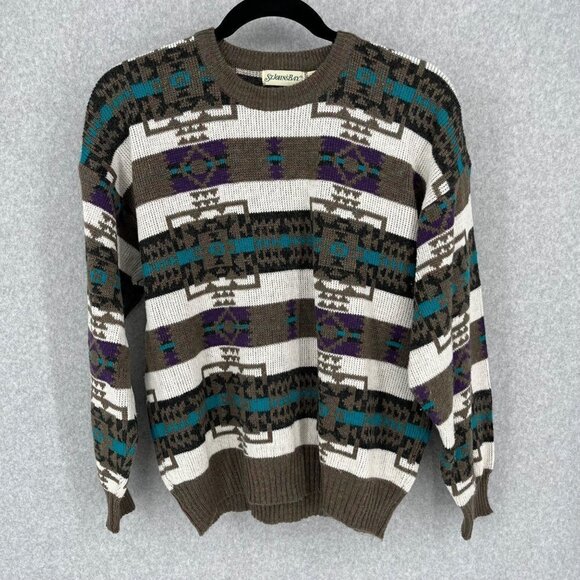 St Johns Bay Mens Vintage Wool Blend Sweater Size XLT Brown Cream Aztec Grandpa - Picture 1 of 11